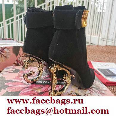 Dolce  &  Gabbana Heel 10.5cm Leather Ankle Boots Suede Black with Baroque DG Heel and Strap 2021